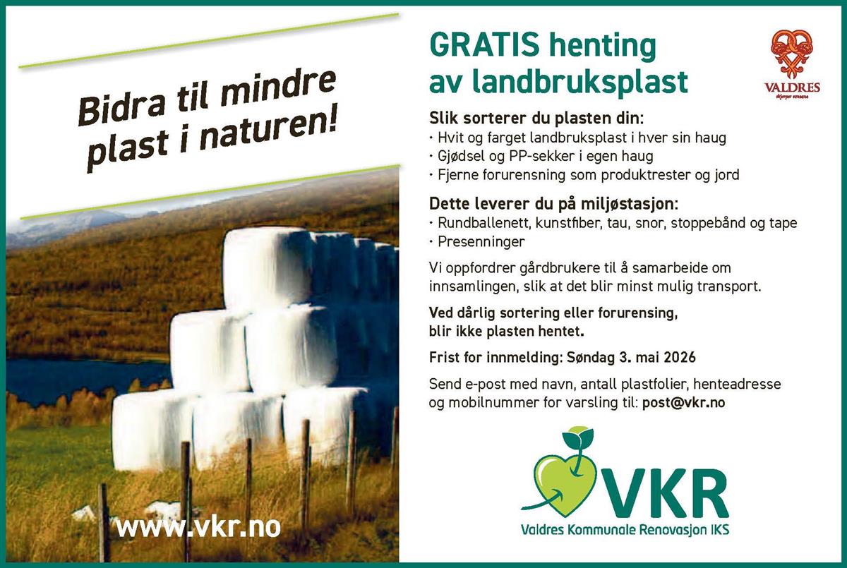 Poster fra Valdres kommunale renovasjon med informasjon om gratis henting av landbrukstplast og illustrasjon av rundballer - Klikk for stort bilete